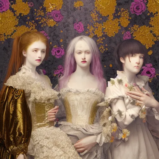 Image similar to 8k, octane render, realism, tonalism, renaissance, rococo, baroque, group of creepy young ladies wearing long flowers and skull dress, harajuku manga, background chaotic gold leaf flowers