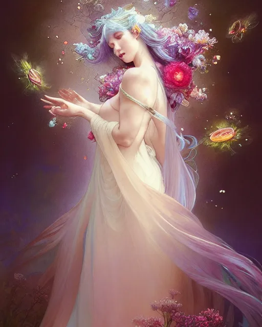 Image similar to Full View ultrarealistic Portrait ethereal fantasy deity wearing beautiful gown, flowers, spirituality, 4k digital masterpiece by Anna Dittman and Alberto Seveso Ruan Jia, rossdraws, artgerm and greg rutkowski and alphonse mucha and loish and WLOP, fantasycore, Hyperdetailed, realistic digital painting, atmospheric, fireflies, soft lighting, featured on Artstation