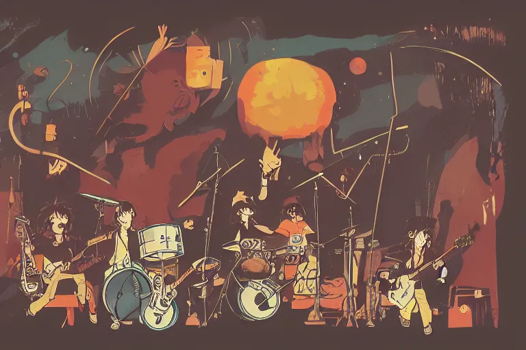 Image similar to rats playing in a rock band inspired by the beatles, art style by disney, studio ghibli, pixar, intricated, beautiful, dreamlike, 7 0 s pallete, high quality, trending on artstation