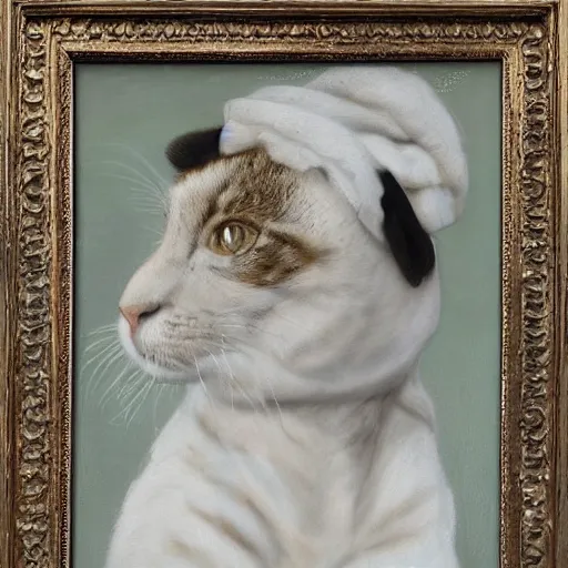 Prompt: a cat with a Pearl Earring by Johannes Vemeer, masterpiece, old master,