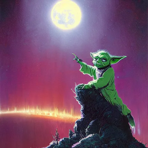 Prompt: portrait of yoda howling at the moon as a wolfman, overwhelming energy, detailed background by m. w. kaluta + bruce pennington, dark side, neon color, volumetric lighting, colorful vapor, deep dark color, floating molecules, digital painting, oil painting, artwork by ralph mcquarrie + cory loftis + andreas rocha + paul lehr + ian mcque + eddie mendoza