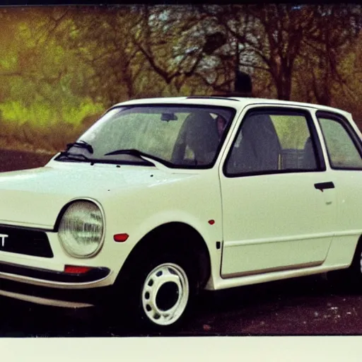 Image similar to a fiat uno in front of thousands of tesla vintage scratched white borders polaroid photo