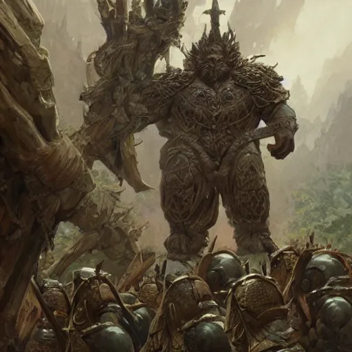 Image similar to muscular ogre - like fierce warrior with tree - bark skin wearing intricate stone and wood armor, towering above a group of soldiers, battlefield, highly detailed, digital painting, artstation, concept art, smooth, sharp focus, illustration, art by artgerm and greg rutkowski and alphonse mucha