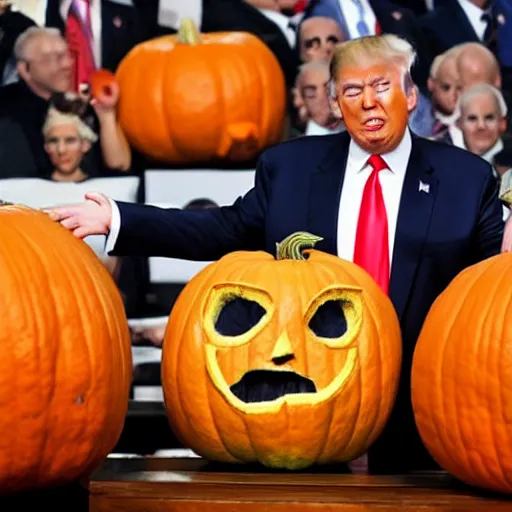 Image similar to donald trump in a giant pumpkin head