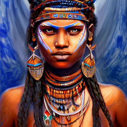 Image similar to highly detailed painting of a tribal warrior goddess woman, maldivian, blue eyes, high fantasy art by jon foster trending on arstation