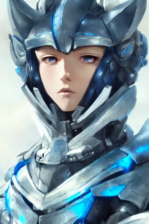 Image similar to concept art, anime portrait of a cyborg wearing an azure wolf themed armor by Stanley Artgerm Lau, WLOP, Rossdraws, James Jean, Andrei Riabovitchev, Marc Simonetti, and Sakimichan, trending on artstation
