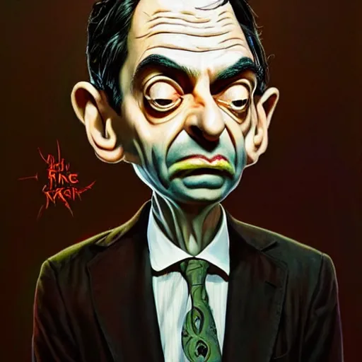 Image similar to mr. bean mad scientist psychopath, caricature, portrait by gaston bussierre and charles vess and james jean and erik jones and rhads, inspired by rick and morty, epic, funny, huge scale, beautiful fine face features, intricate high details, sharp, ultradetailed