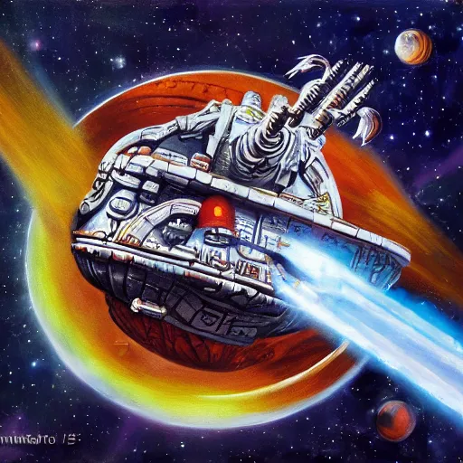 Prompt: painting of ornate space ship orbiting a gas planet, 4 0 k warhammer, shrimp, prawn