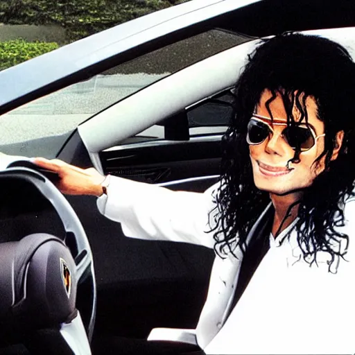 Image similar to michael jackson in a lamborghini convertible