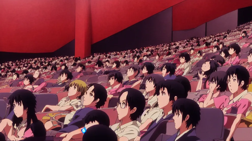 Image similar to people in a busy movie theatre, anime film still from the an anime directed by katsuhiro otomo with art direction by salvador dali, wide lens