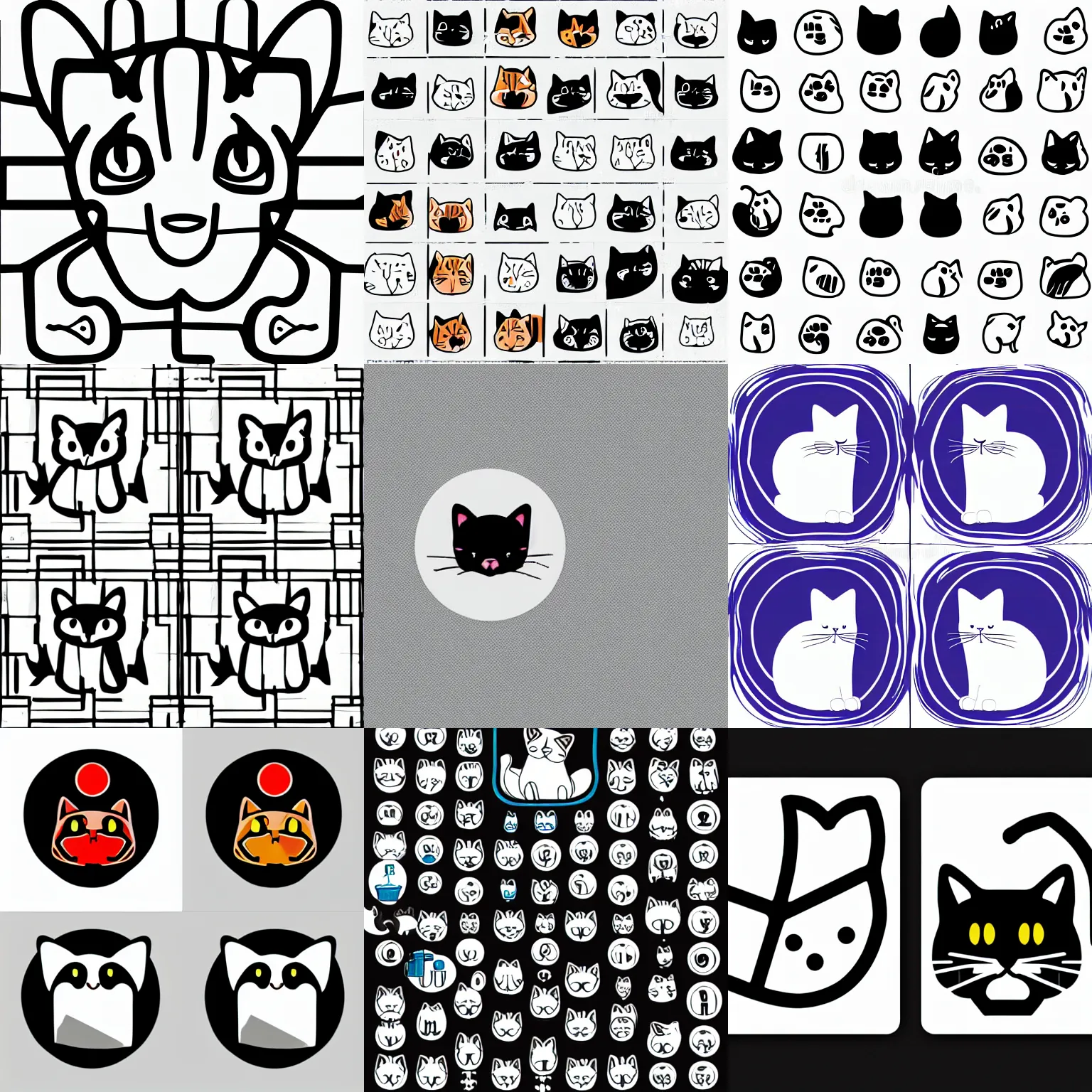 Prompt: icons round, with an image of a 2d cat, on a white background, in the style of two colors white and black