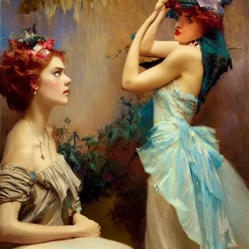 Image similar to a high fashion studio portrait showing effects of social media on teenage girls, painting by gaston bussiere, craig mullins, j. c. leyendecker, dior campaign