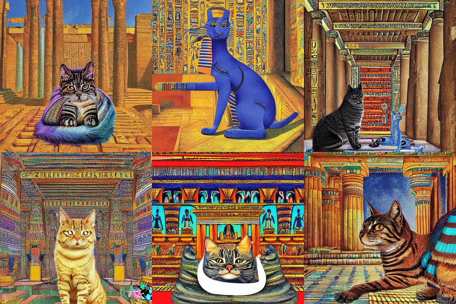 Prompt: digital painting of an egyptian emperor cat in an egyptian temple by louis wain and jon foster