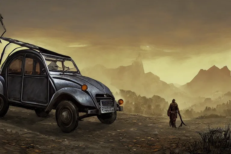 Image similar to offroad citroen 2 cv ( 1 9 6 5 ) of daedric design driving across the rift, daedric axe stored on the side of the car, leather and cloth traveller backpacks on roof, riften city in the background, epic fantasy, autumn, the elder scrolls v : skyrim, dramatic lighting, establishing shot, by simon stalenhag