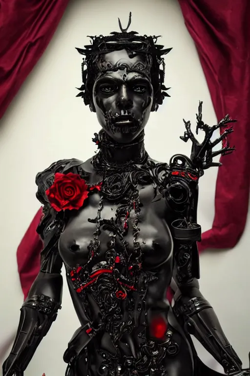 Prompt: full-body cyberpunk style sculpture of a young beautiful dark priestess, half android with a head opening exposing circuitry, glowing red eyes, black roses, flowing blood-red colored silk, fabric, candles, baroque elements, human skulls. full-length view. baroque element. intricate artwork by Caravaggio. crows flying in background. Trending on artstation. cinematic lighting from the right. hyper realism, octane render, 8k, depth of field, 3D