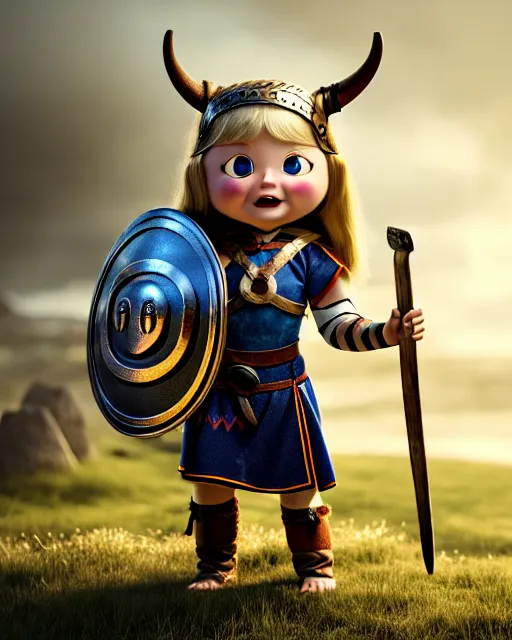 Image similar to an adorable toy of a viking girl with her shield raised to defend, pixar style, authentic viking armor, historically accurate, clean detail, symmetrical, octane render, studio lighting