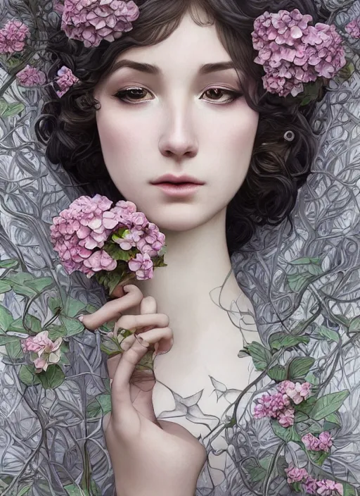 Image similar to a photographic portrait of a seductive sleeping anthropomorphic hydrangea blossom with a perfect face, fantasy, wind blowing hair, intricate, elegant, very very highly detailed, digital painting, artstation, concept art, smooth, super sharp focus, illustration, art by artgerm and h r giger and alphonse mucha