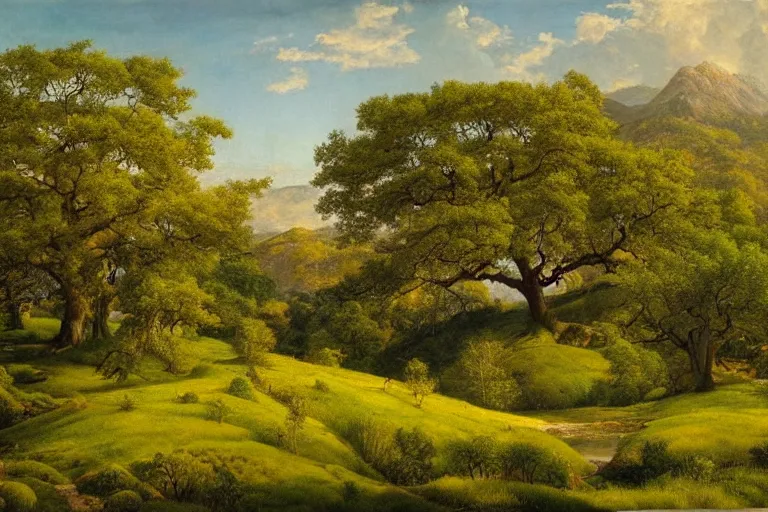 Prompt: masterpiece painting of oak trees on a hillside overlooking a creek, by james c. christensen