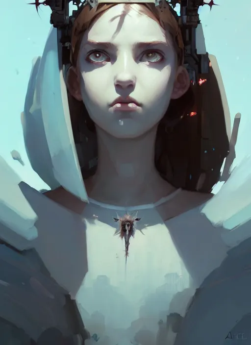 Prompt: portrait of cute angel maiden girl with crown of thorns and white short hairs, warhammer, cyberpunk, by atey ghailan, by greg rutkowski, by greg tocchini, by james gilleard, by joe gb fenton, by kaethe butcher, dynamic lighting, gradient light blue, brown, blonde cream and white color in scheme, grunge aesthetic