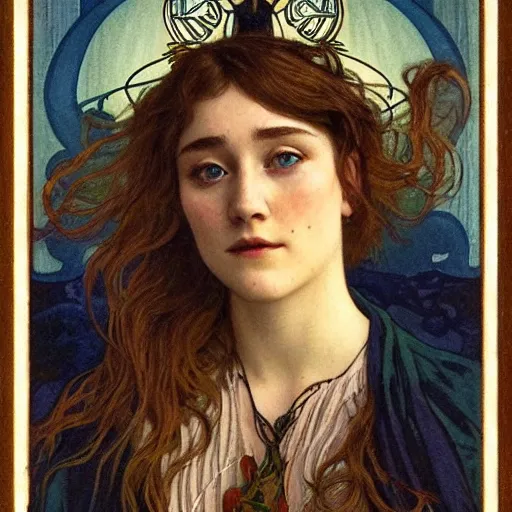 Prompt: saoirse ronan portrait by louis - theophile hingre and alphonse mucha, realistic, sharp focus, zodiac signs, tarot cards, planets, ethereal, art nouveau, magic, moon, sun, crown, dreamy, royal, jewellery