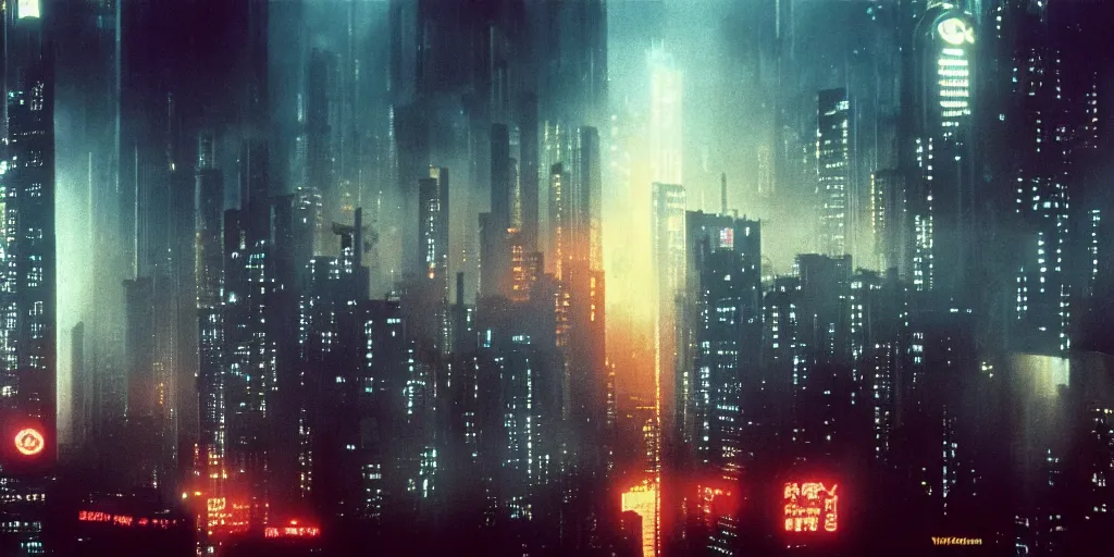 Prompt: 3 5 mm atmospheric urban photographic landscape of hong kong 2 0 xx, blade runner 1 9 8 2 city, futuristic dystopian megacity skyline with towering mega - skyscrapers, falling rain, neon, industrial fires and smog, matte painting, cinematic composition, dramatic cinematography 3 5 mm