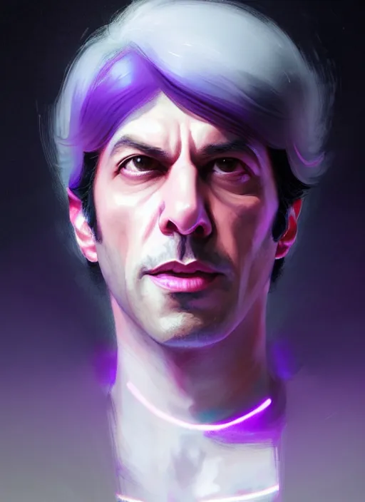 Prompt: portrait of imran khan, purple clothes, white bangs, two color hair, black hair and white bangs, intricate, elegant, glowing lights, highly detailed, digital painting, artstation, concept art, smooth, sharp focus, illustration, art by wlop, mars ravelo and greg rutkowski