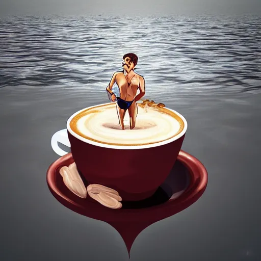 Prompt: A man swimming in a cup of coffee, digital art, trending on artstation