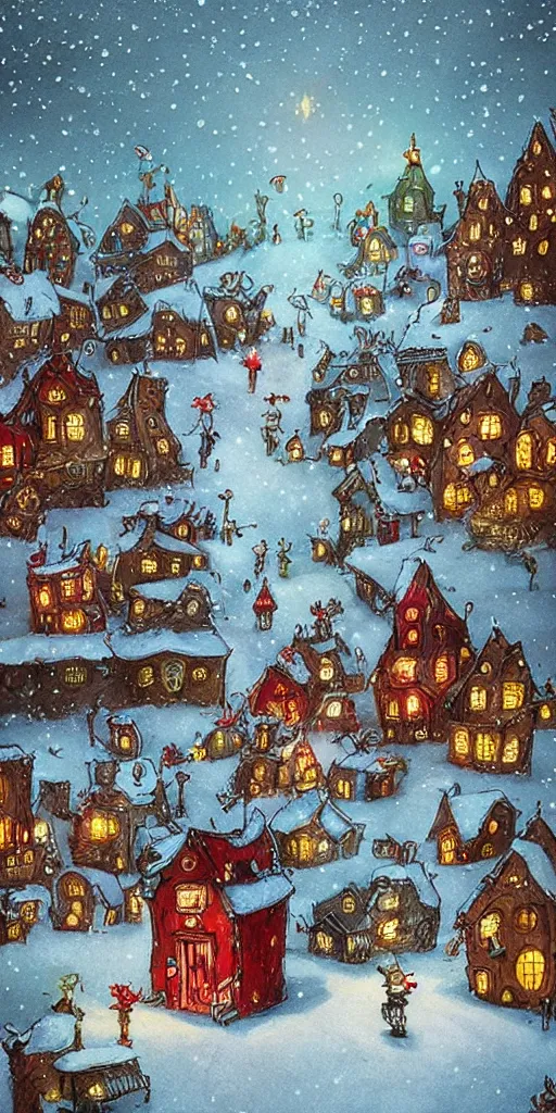 Prompt: a santa village christmas scene by alexander jansson