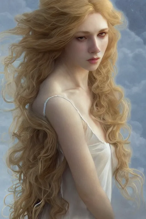 Image similar to beautiful cottagecore pale blond androgynous Lucius , long fluffy curly blond hair, pale skin, innocent, intricate, elegant, highly detailed, digital painting, artstation, concept art, smooth, sharp focus, illustration, art by artgerm and greg rutkowski and alphonse mucha