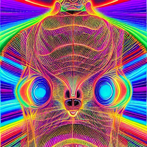 Image similar to Alex Grey Cat, Godself, Net of Being, geometric, psychedelic, acid