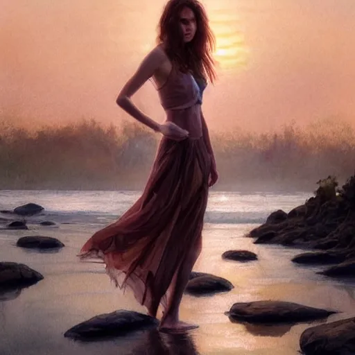 Prompt: River leading into a sunset, Watercolor, photorealistic, high resolution, award winning, trending on artstation, olive skin, long dark hair, beautiful bone structure, intricate, elegant, highly detailed, digital painting, artstation, concept art, smooth, sharp focus, illustration, art by artgerm and greg rutkowski and alphonse mucha