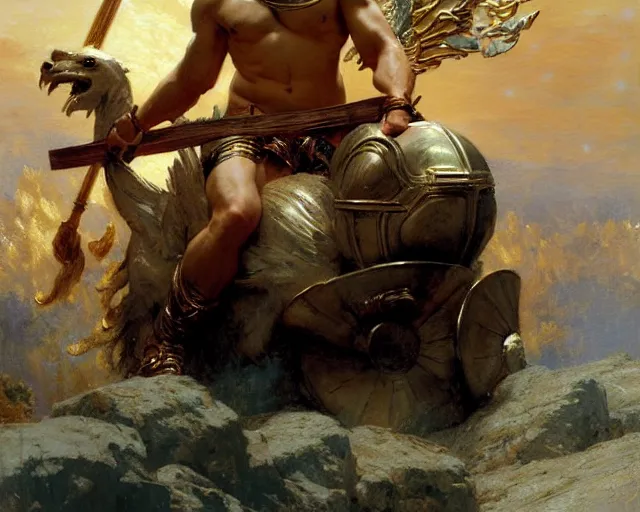 Image similar to attractive apollo greek god, riding his fire chariot. highly detailed painting by gaston bussiere, craig mullins, j. c. leyendecker 8 k