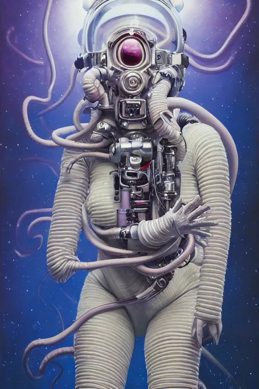 Prompt: extremely detailed studio portrait of female space astronaut, alien tentacle protruding from eyes and mouth, slimy tentacle breaking through helmet visor, shattered visor, full body, soft light, plain studio background, disturbing, shocking realization, deviantart, award winning painting by hajime sorayama