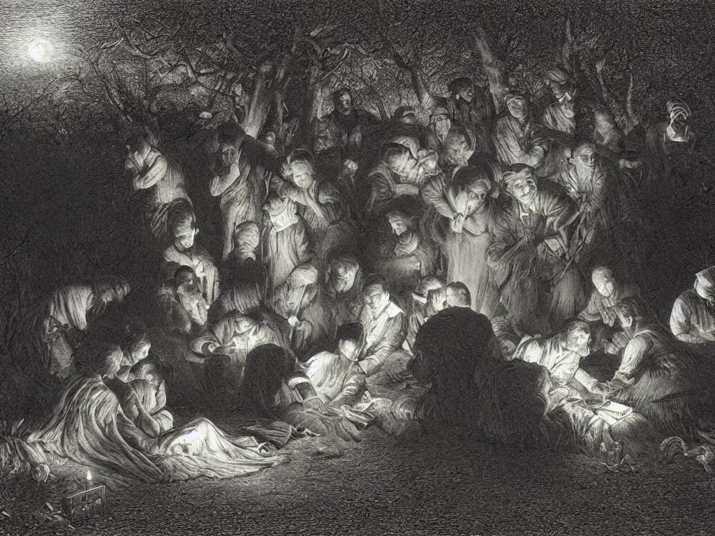 Prompt: Chiaroscuro scene of artists drawing in the grass at night. Painting by Gustave Dore, August Sander