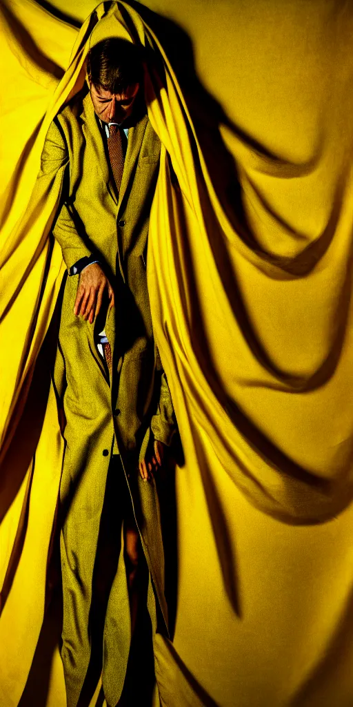 Prompt: faceless man in a yellow suit, hidden behind torn cloth swirling violently