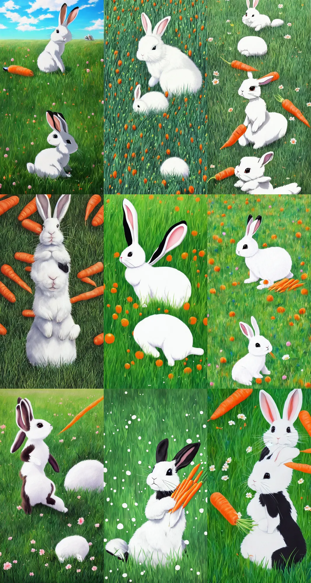 Prompt: beautiful painting from the anime film, floppy eared bunny in a grassy field eating carrots, white with black spots, happy, trending on artstation