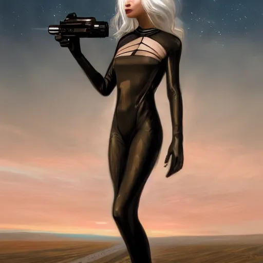 Image similar to pleiadian woman with big eyes and long silver hair wearing a dark body suit and holding a plasma gun standing in barren fields, portrait art by greg rutkowski