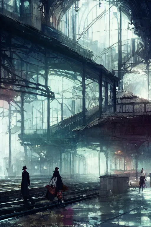 Image similar to The Train Station, cinematic lighting, dramatic atmosphere, by Dustin Nguyen, Akihiko Yoshida, Greg Tocchini, Greg Rutkowski, Cliff Chiang, 4k resolution, trending on artstation