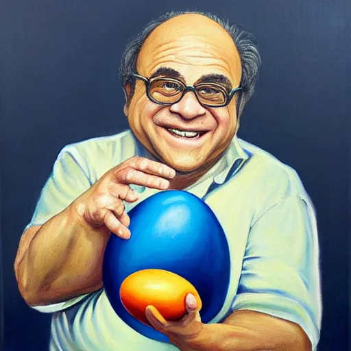 Image similar to a painting of danny devito holding an egg