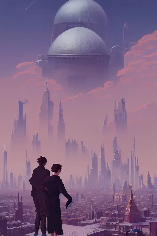 Prompt: movie poster artwork by Tomer Hanuka Rendering of the imperial russian sci fi city with black domes and spires, snow capped mountains in the background, smog choked sky, full of details, by Makoto Shinkai and thomas kinkade, Matte painting, trending on artstation and unreal engine