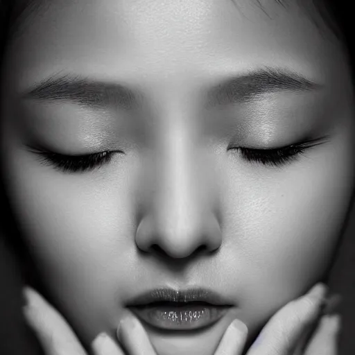 Image similar to a close up shot of a young woman holding her face which is illuminated by red light by kang, hyung koo, callas sigma 8 5 mm f / 1. 4.