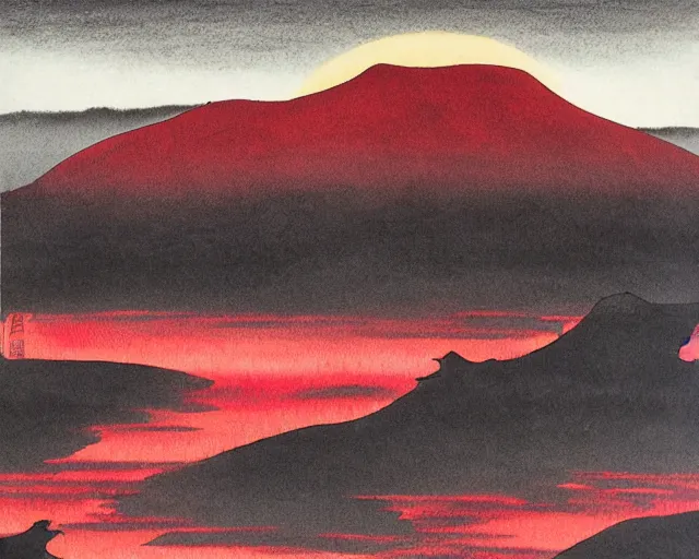 Prompt: japanese ink art, big red sun behind black mountains, suibokuga