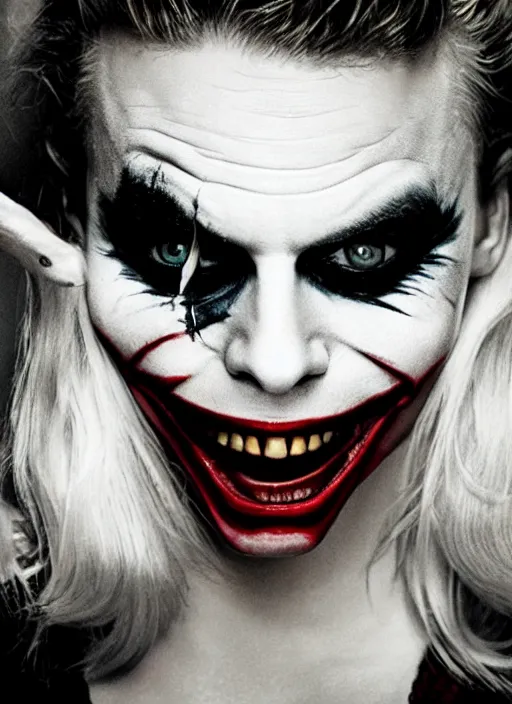 Image similar to photo of Margot Robbie as the Joker by Mario Testino, head shot, detailed, award winning, Sony a7R