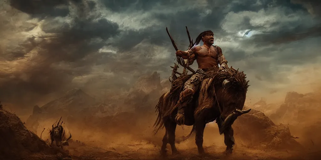 Image similar to an ancient tribesman driving an ancient motorcycle, hunting bisons ,attacking, chase, action scene, an epic fantasy, dramatic lighting, cinematic, establishing shot, extremely high detail, photorealistic, cinematic lighting, artstation, octane render, western,old photo, vintage