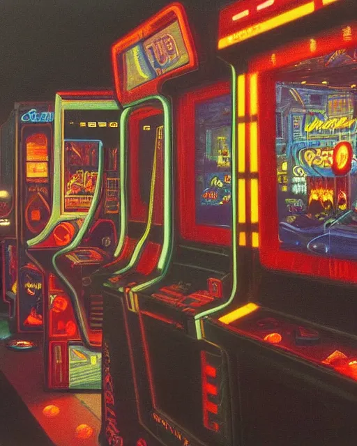 Image similar to arcade at night. 8 0 s era technology, vintage shapes, retro technology, vintage color, wayne barlow, oil on canvas, deep depth of field, masterpiece, cinematic composition, hyperdetailed