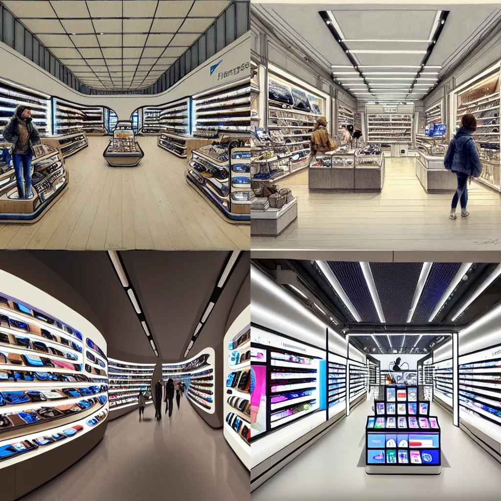 Prompt: (2030s flagship retail interior Samsung Microsoft Apple) by Jean-Baptiste Monge