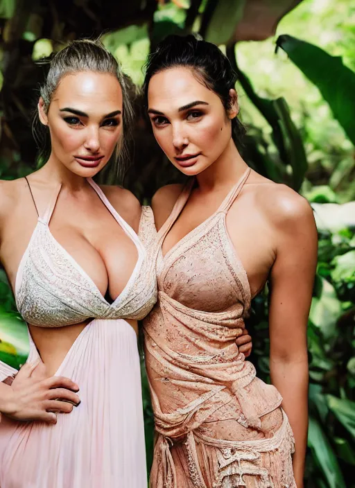 Image similar to portrait of lindsey pelas and gal gadot wearing kebaya in bali, by charlotte grimm, natural light, detailed face, beautiful features, symmetrical, canon eos c 3 0 0, ƒ 1. 8, 3 5 mm, 8 k, medium - format print, half body shot