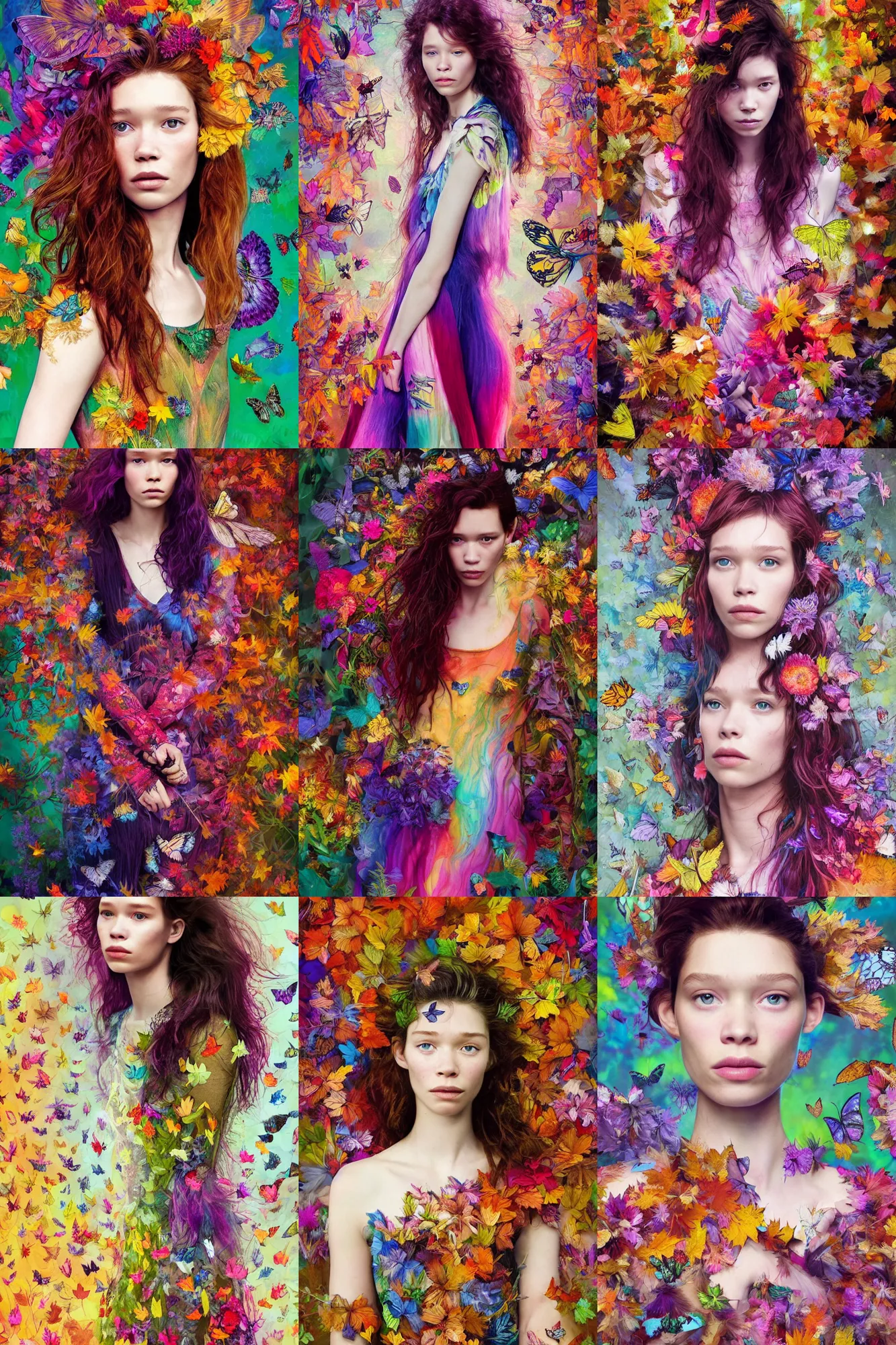 Prompt: masterwork full body portrait of astrid berges frisbey. colourful, dyed hair. digital illustration. wearing a dress made out of flowers and butterflies. resting on a background of autumn leaves. fluid, dreamy, ethereal, vivid colours. sharp focus. highly detailed face. wow! cinematic lighting. trending on artstation. cgsociety.