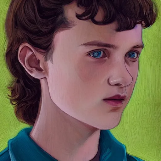 Image similar to beautiful side portrait of Eleven from Stranger things in a scenic!!! Environment by martine johanna, artstation winner,lines ,figurativism!, portrait,