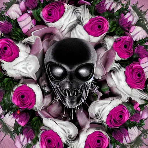 Image similar to An alien facehugger hiding in a bouquet of flowers, hi-res photo, gothic vibe, complex composition